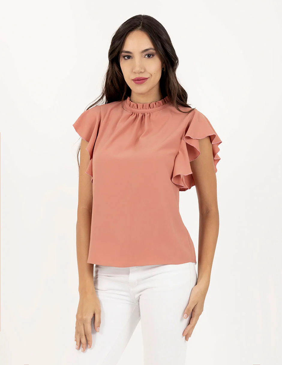 Blusa rosa con cuello poeta y escarolas en mangas - Imagen 2
