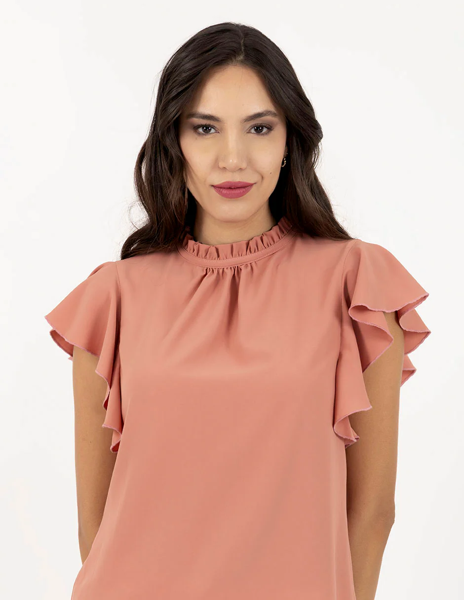 Blusa rosa con cuello poeta y escarolas en mangas - Imagen 3
