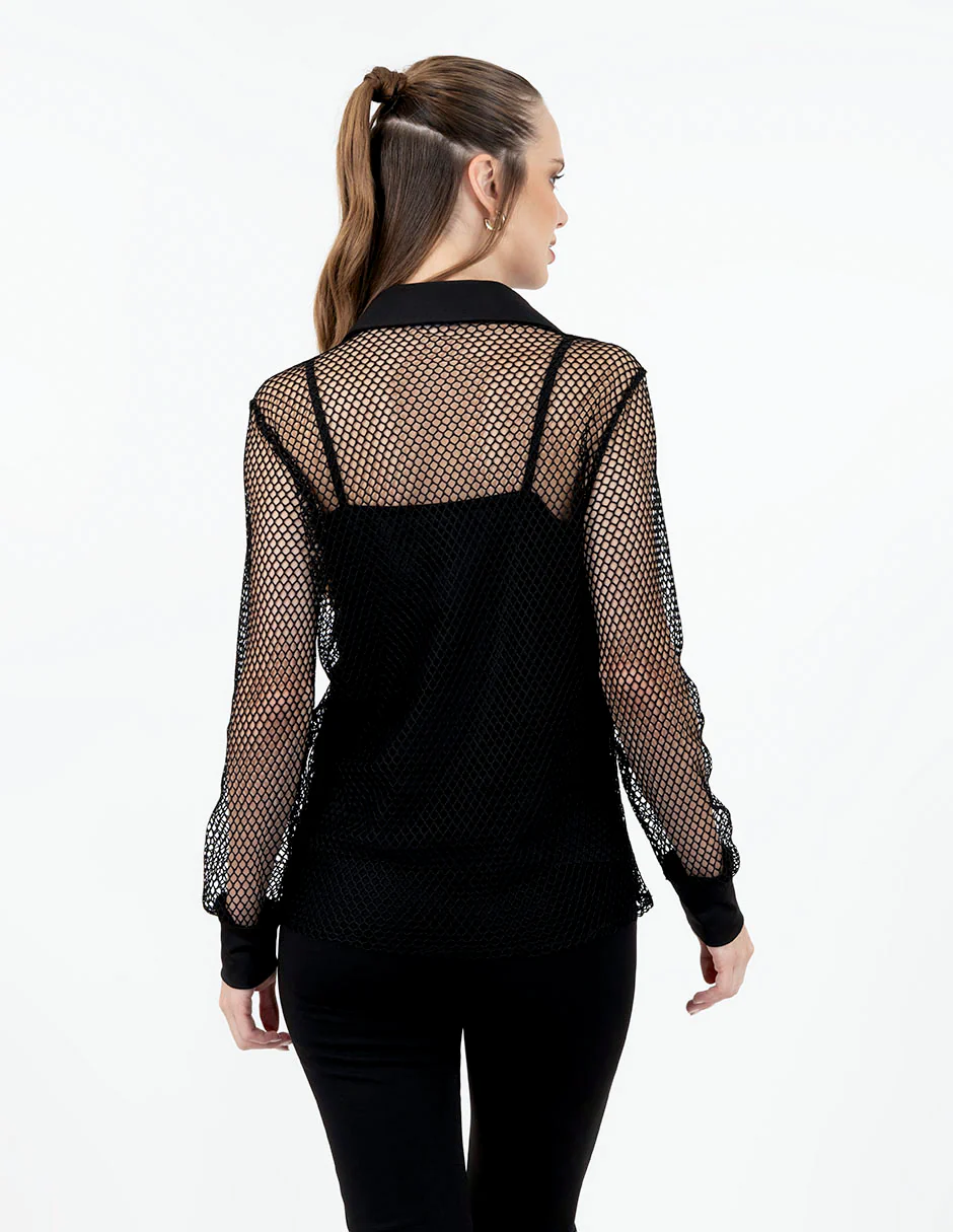 Blusa negra camisera de red con manga larga - Imagen 5