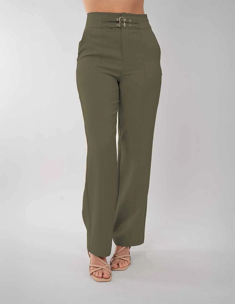 Pantalón de vestir con detalle de hebilla (disponible en beige/ verde) - Imagen 2